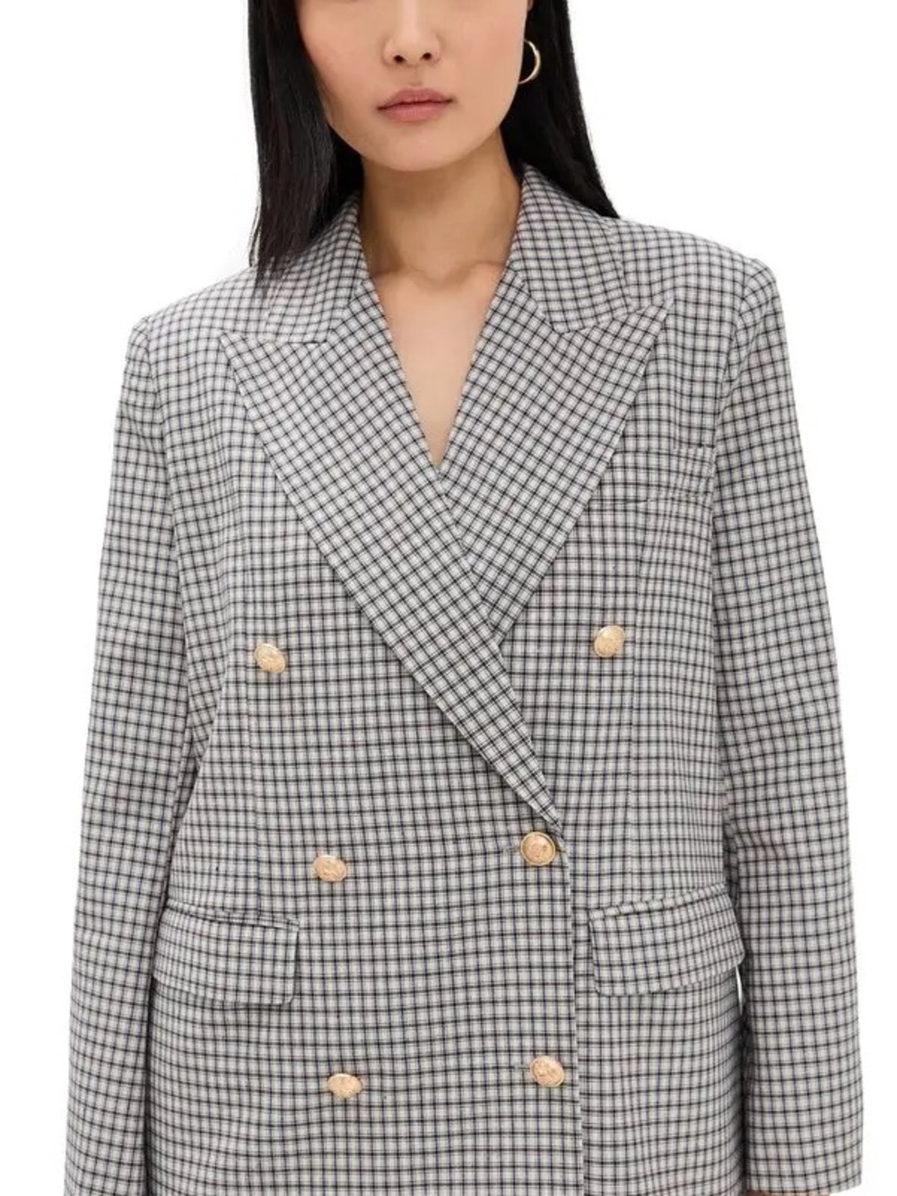 Plaid Double-Breasted Blazer Jacket - Gray/Brown/Blue - Picture 2 of 5